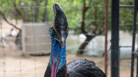 cassowary bird inside zoo cage. Closeup wildlife animal portrait.