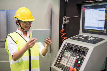 Waist up Asian female factory worker use tablet to control and command Electronic Machinery for Printed Circuit Board Surface Mount Assembly Line. Microchip industryの写真素材