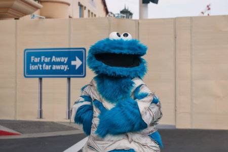 Singapore - â€Žâ€ŽOctober 13, 2023: Cookie Monster dancing in Sesame Street Party in...