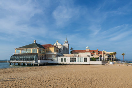 Beach with Marizon wedding hall at Momochi Seaside Park against blue sky, Fukuoka, Kyushu, Japan....