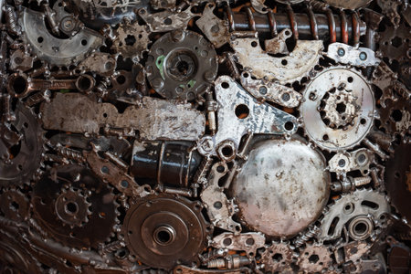Handicraft old metal artwork from used spare parts of car or motorbike. Closuep textured backgroundの写真素材