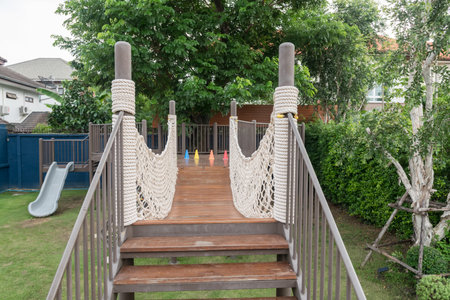 rope bridge trailing of childern playground in outdoor park at cafe and restaurant.の写真素材