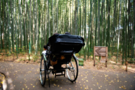 Blur image of man pull rickshaw for tourist sightseeing at Bamboo forest of Arashiyama, Kyoto, Japan. Arashiyama is a district on the western outskirts of Kyotoの写真素材