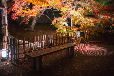 Chair and light through lantern by Autumn foliage illumination at night of Hogonin temple garden in Arashiyama, Kyoto, Japan. Famous travel destination for tourist sightseeing of Kansai in fall.の写真素材