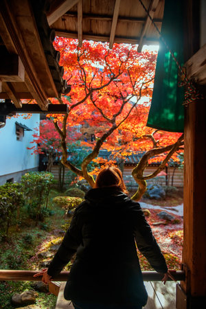 Rear Japanese woman view autumn garden of colorful maple leaves at Eikando or Eikan-do Zenrinji...