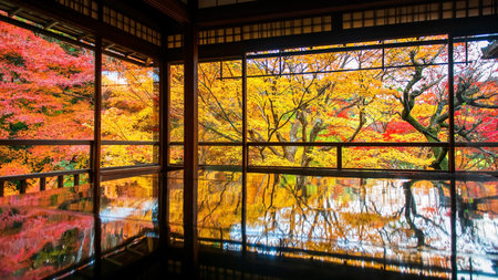 Beautiful autumn leaf garden view by window with symmetry reflection on wood table of Rurikoin...