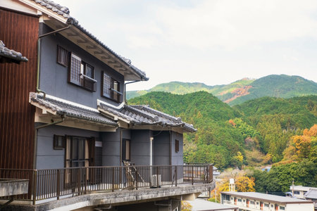 Japanese house patio with beautiful city and mountain view in autumn at Sakurai city, Nara, Japan.の写真素材