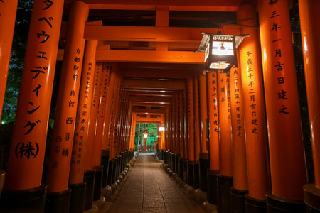 Kyoto, Japan - December 7, 2024: Giant Torii gate with Japanese text archway landmark light up of Fushimi Inari Taisha shrine at night. Famous travel destination for thousand Torii Gates in Kansai.の写真素材