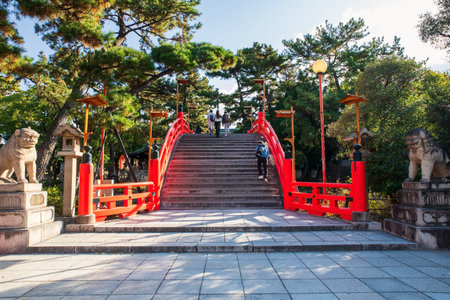 Japanese poeple climb up Drum bridge or Sori Bashi to enter Sumiyoshi Grand Taisha Shrine, Osaka, Japan. Famous travel destination for sightseeing Kansai in fall season.の写真素材