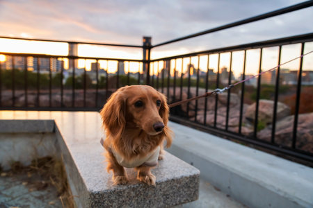 Adorable Dachshund dog portrait on chair with blur cityscape view at dusk from Osaka castle, Kansai, Japan. Famous travel destination for sightseeing Kansai in fall season.の写真素材