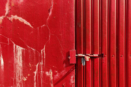Rusty red metal zinc door with a secure bolt lock by grunge wall. showcasing character and security. Old textured backgound concept.の写真素材