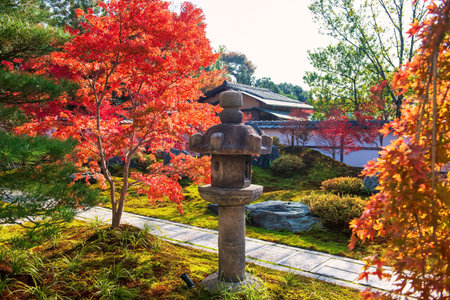 Lantern stone post in garden with colorful maple leaves in autumn at Kenninji temple, Kyoto, Japan. Famous travel destination in Kansai especially in fall season.の写真素材