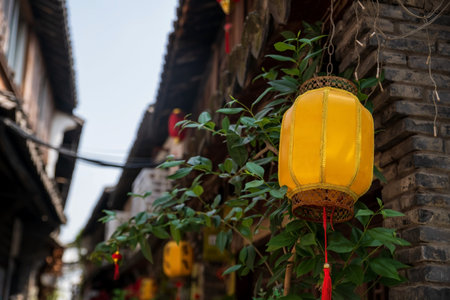 Yellow lantern hang on preserve houses of Zhujiajiao water town, Qingpu District, Shanghai, China. Famous travel destination known as Chinese Venice.の写真素材