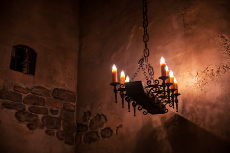 Vintage wrought iron chandelier with hanging fake candles inside historic buildingの写真素材