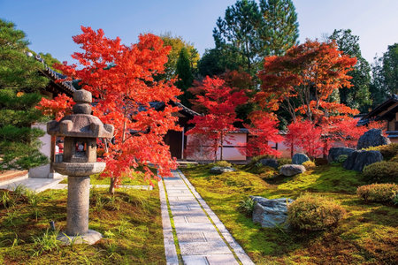 Lantern post in garden with colorful maple leaves in autumn at Kenninji temple, Kyoto, Japan. Famous travel destination in Kansai especially in fall season.の写真素材