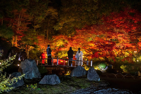 Japanese people on bridge view  autumn foliage garden light up of Kurodani Konkai Komyo-ji temple,...