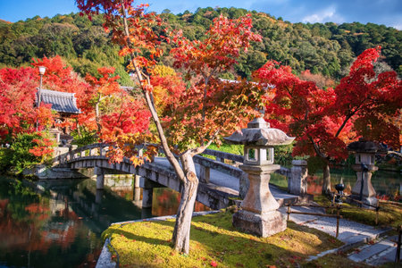 Colorful autumn tree tunnel by stone bridge across Hojo pond to shrine of Eikando Zenrinji temple with skyline reflection, Kyoto, Japan. travel destination for tourist sightseeing Kansai in fall.の写真素材