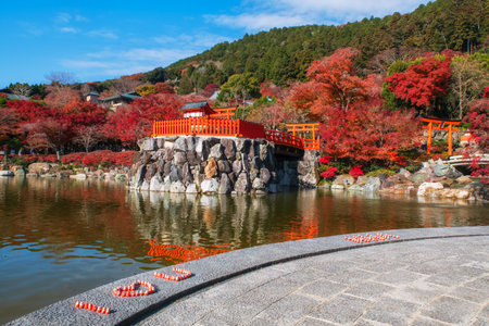 I love you word of Daruma dolls by pond and autumn leaf garden at Katsuo-ji temple, Minoh, Osaka, Japan. travel destination for sightseeing Kansai in fall season. Temple of victory.の写真素材