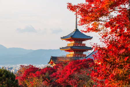 Kiyomizudera pagoda with red maple autumn leaf colors at sunset, Kyoto, Japan. Famous temple vibrant red and orange pagoda against a clear sky, with colorful fall colors enhancing scenic beauty.の写真素材