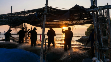 Silhouette fishermen pull fishing nets at port to get fish from sea coast at sunset in Bang Pu, Samut Prakan, Thailand.  local fisherman  in community village, Siam. Teamwork in seafood industry.の写真素材