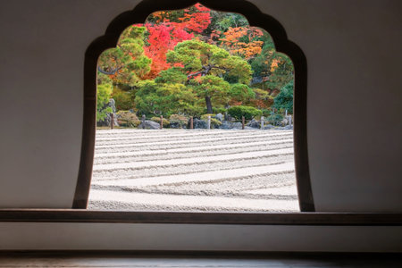 Japanese dry garden or white sand Karesansui named Kogetsudai view from Ginkakuji temple window at...