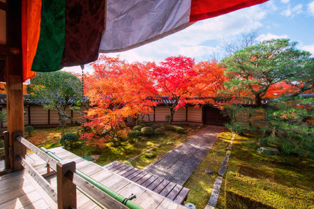 View of autumn garden decoration by wall facade from Eikando Zenrinji temple hall, Kyoto, Japan....
