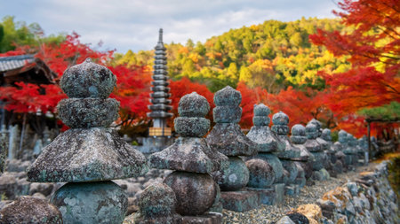 Stone lantern wall by graveyard and pagoda with colorful autumn maple leaf at Adashino Nenbutsuji...