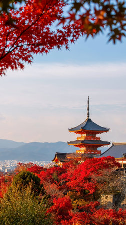 Kiyomizu dera pagoda with maple leaf colors in autumn at sunset, Kyoto, Japan. The temple vibrant...