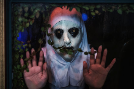 Scary devilish nun look through window from outside while hand touching glass at night. 2025 Halloween party costume and mask.の写真素材