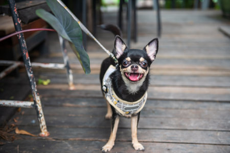 Adorable smiling chihuahua dog with black and brown fur portrait on wooden floor. Happy cute smiling petの写真素材