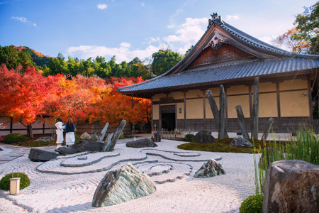 Japanese women at dry rock garden as running dragon with colorful autumn maple leaf of Enkoji...