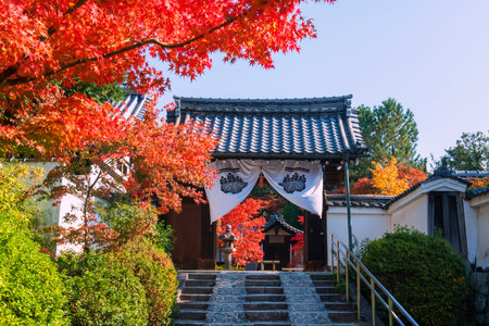 Kennin-ji temple entrance gate with curtain and beautiful autumn  maple leaf colors, Kyoto, Japan....