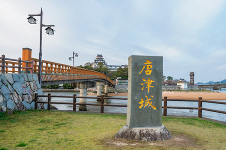 Iconic Jyounai bridge to Karatsu castle in city against blue sky, Saga, Japan. Seaside castle known...