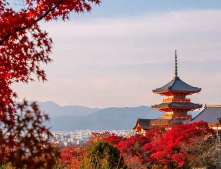 Kiyomizu-dera temple and city view with maple autumn foliage colors, Kyoto, Japan. temple vibrant...