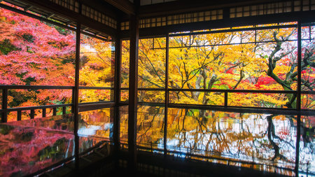 Colorful autumn Japanese leaf garden by window with symmetry reflection on wood table of Ruriko-in...