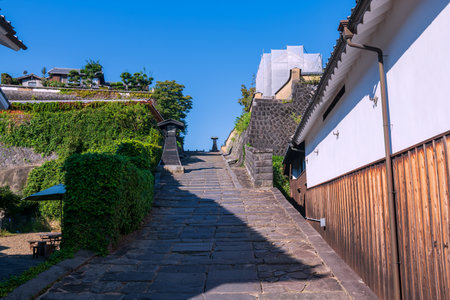 Iconic Suya no Saka slope with preserved city and wooden lantern of Kitsuki castle town, Oita prefecture, Kyushu, Japan. Travel destination to sightseeing Kyushu east.の写真素材