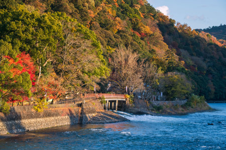 Uji riverside walking trail and bridge by Uji-gawa river in autumn at sunset, Kyoto, Japan. Famous travel destination for green tea drink and visit Byodo-In temple.の写真素材