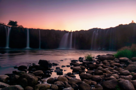 Harajiri no taki Falls with motion waterfall through rocks at dusk with twilight sky, Bungo ono City, Oita, Japan. Famous travel destination at Kyushu east.の写真素材