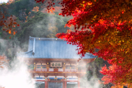 Katsuoji temple Sanmon gate with red maple leaves, steam, sunlight in autumn, Minoh, Osaka, Japan....