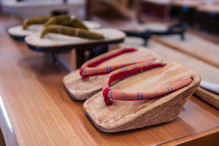 Traditional Hita Geta footwear in store at Mamedamachi street, Oita, Japan. Edo period village known as little Kyoto offers souvenir stores, cafÃ©s, and restaurantsの写真素材