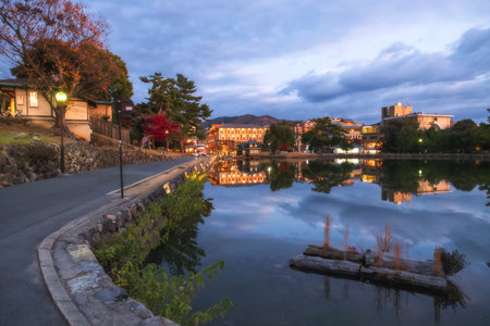 Nara town reflection in Sarusawaike pond at dusk with colorful autumn leaf and light up buildings, Kansai, Japan. travel destination for tour in Kansai to see deer at peak fall in Decemberの写真素材