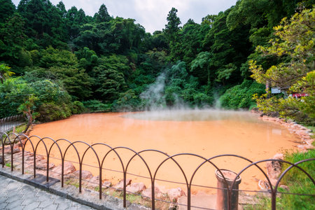 Chinoike Jigoku oldest natural hot spring blood hells, Beppu, Oita, Japan. Famous travel destination of 8 hells spring water boiling of Beppu Kyushu.の写真素材