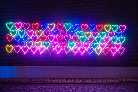 Colorful light up heart shape bulb on brick wall at night. Valentine's holiday and love concept in Huis Ten Bosch, Nagasaki, Japan.の写真素材