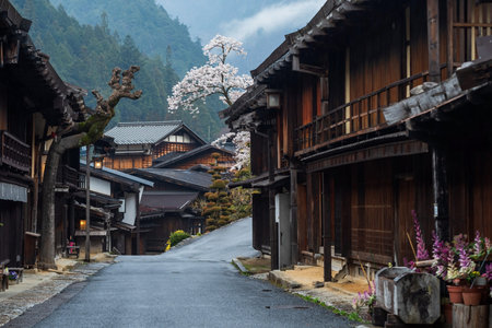 Post preserved Tsumago juku town of Nakasendo with white cherry sakura blossom in spring, Kiso...