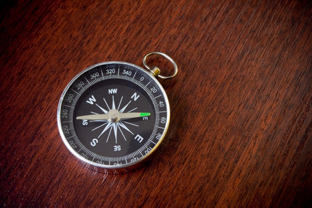 Make right business decision with retro compass on brown stylish office desk
