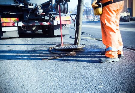 Man working on road constructionの写真素材