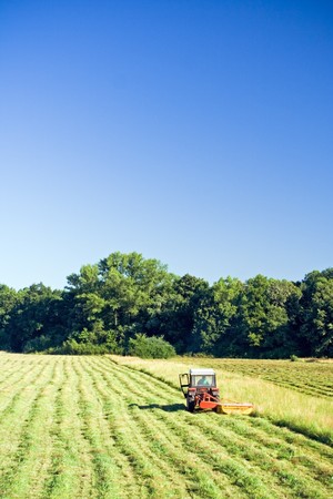 Tractor working on green grass fieldの写真素材