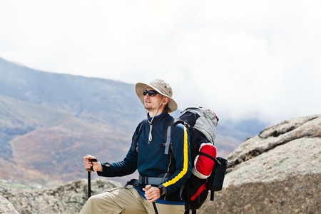 Man on hiking trip in Himalaya Mountainsの写真素材