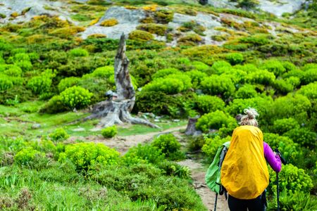 Woman hiking with backpack in mountains, Corsica France. Adventure in summer wilderness nature outdoors, healthy lifestyle trekking and walking.の写真素材