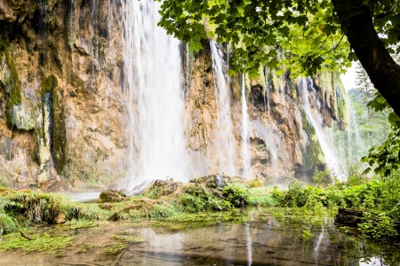 Waterfall in forest  Plitvice Lakes landscape in Croatiaの写真素材